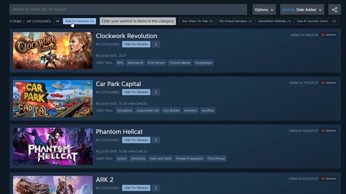 Categorias chegam à lista de desejo do Steam!